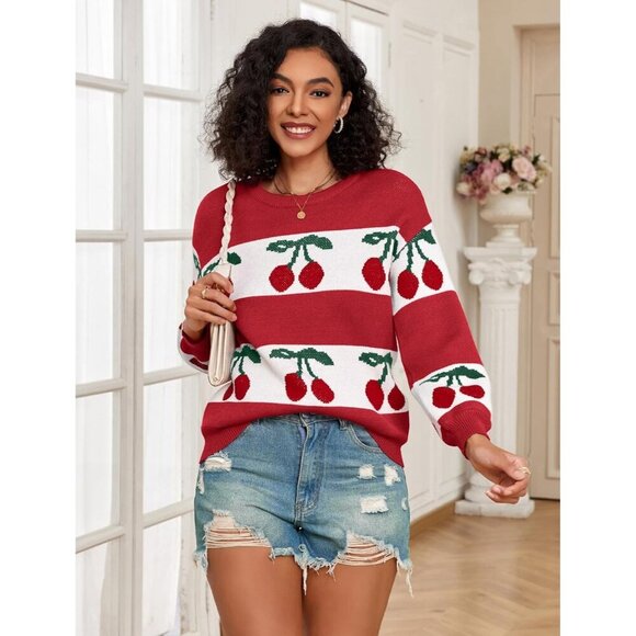 Trendy Women's Cherry Knit Sweater Long Sleeve Casual Fall - Picture 5 of 6
